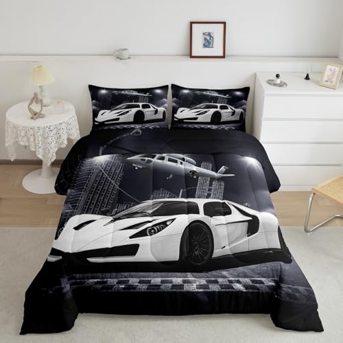 Image of Feelyou Race car Airplane Comforter Set Black Grey White Speed Sports Car Bedding Set for Kids Teens Racing Car Comforter Extreme Sports Duvet Set Decor Quilt 3Pcs King Size Boys