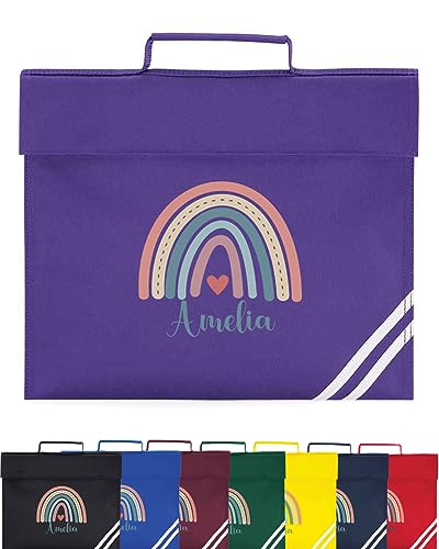 Hoolaroo Personalised Book Bag for School - Kids Girls Junior Toddlers Music Any Name Rainbow Design Back To School Kit (Purple)