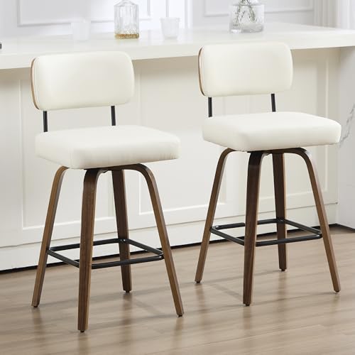 Butacos VipDesk de altura para barra, set de 2 unidades, tapizados en cuero sintético, con respaldo y patas de madera de nogal, estilo moderno - Blanco miniatura 6