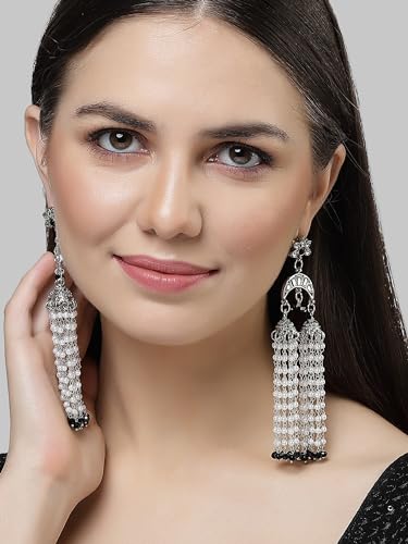 Image of Karatcart Black Beads Long Drop Earrings For womens