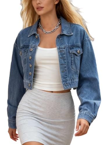 EMMIOL Cropped Denim Jacket for Women Vintage, Oversized Jean Jacket