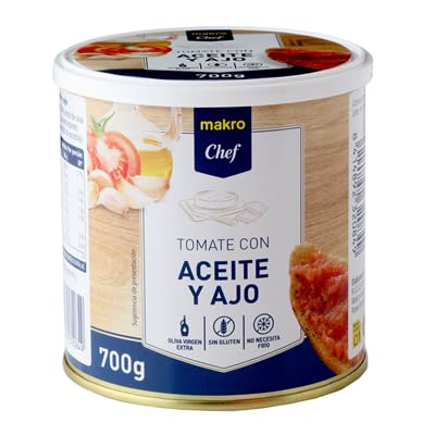 Tomates Para Pizzas, Sofritos, Para untar en el Pan Ideales Para Desayunos, Guisos y Ensaladas Makro Chef (Tomate con Aceite Oliva y ajo lata 700g, 1 Unidad)