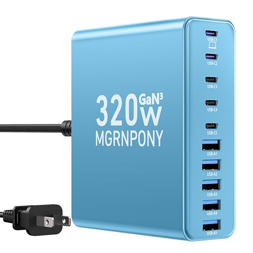 Image of 320W USB C Charger Block, MGRNPONY 10-Port GaN USB C Charging Station | PD 65W Laptop Fast Charger Adapter for MacBook Pro /Air, DELL, iPad, iPhone, Samsung Galaxy（Light Blue）