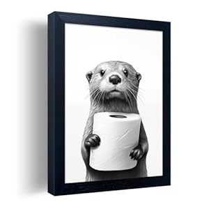 Bathroom Picture Wall Decor, Framed Black and White Bathroom Wall Art, Toilet Paper in Little Funny Raccoon’s Hand Animal Canvas Print Painting