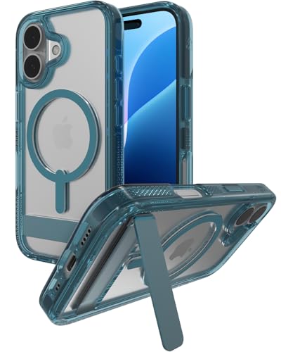 Image of ZAGG Santa Cruz Snap with Kickstand Case for iPhone 16 - MagSafe Compatible, 13ft Military-Grade Drop Protection, Reinforced with Graphene, Slim Clear Case with Vibrant Color Accents, Retro Blue