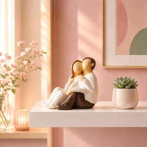 Image of Beautiful Hand Painted Small Size Resin Sitting Romantic Couple Statue for Home Decor (Pack of 1, White & Brown Color)