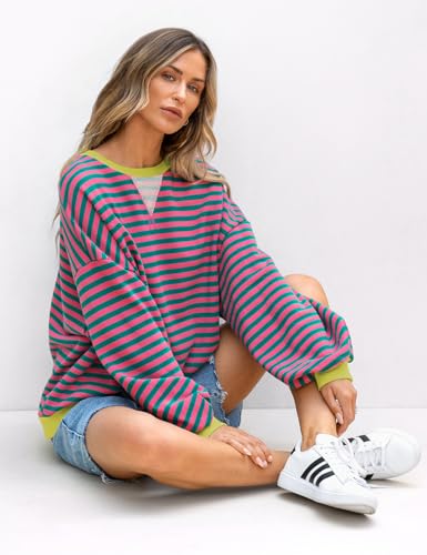 Image of UEU Women Oversized Striped Crewneck Sweatshirt Long Sleeve Color Block Pullover Tops Casual Loose Workout Shirt