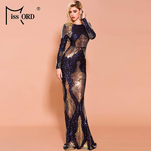Miss ord Women Long Sleeve Backless Sequin Gown Female Maxi Elegant Dress Multi L