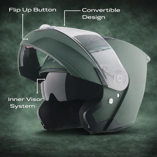 Image of Vega VM-02 Spike Flip-Up Motorcycle Helmet with ISI Certification | High-Impact ABS Shell, Dual Visor, UV & Scratch Resistant: Dull Battle Green , XL