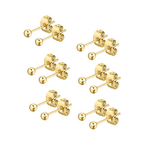 FOSIR 6 Pair Women Girls 14K Gold Plated Round Ball Stud Earrings in Surgical Stainless Steel from 2-4mm