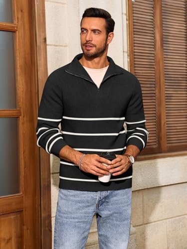 Runcati Mens Quarter Zip Pullover Mock Neck Striped Pullover Sweater Casual Fall Ligtweight Polo Sweaters2