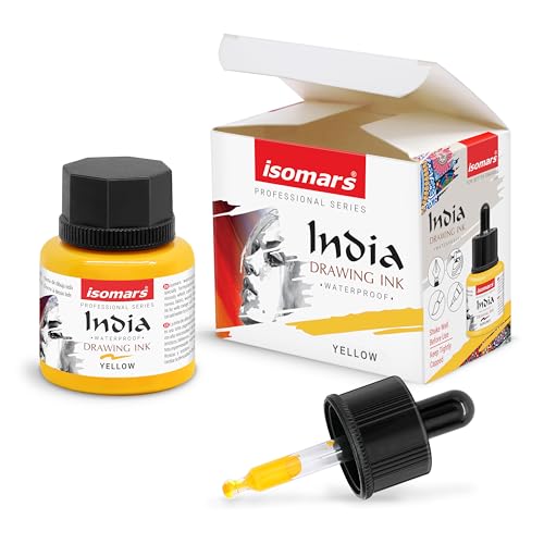 Image of Isomars Waterproof Drawing Ink with Dropper - 35ml | India Ink for Calligraphy, Art, Technical Drawing | Fade-Resistant & Quick-Drying (Yellow)
