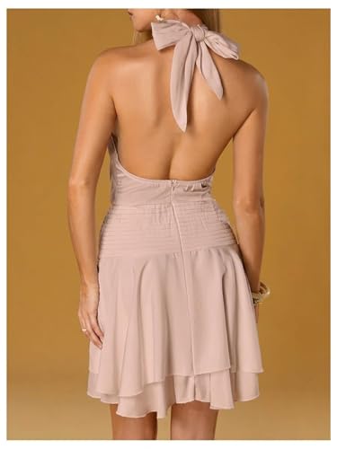 Image of Floerns Women's Summer Mini Dress Sleeveless Halter Backless Ruched Date Night Layered A Line Dresses