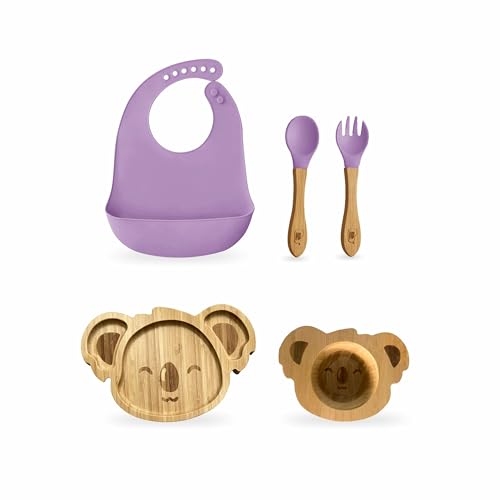 Image of Kids Station Koala Design 5-Piece Silicone Feeding Set for Babies | BPA-Free, Includes Suction Plate, Bowl, Spoon, Fork & Bib | Ideal for Infants & Toddlers (Set of 5 Koala Feeding Set, Purple)