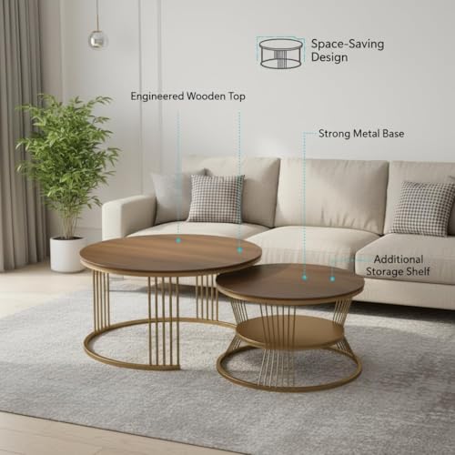 Image of RIZIK Store Iron Frame Handmade 20.5 inch x 20.5 inch Round Coffee Table /Nesting Table /Side Table /Center Table with Engineered Wood Top for Living Room /Drawing Room /Balcony (Brown Gold)