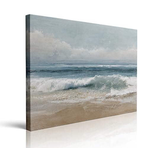 Tranquil Ocean Seascape Canvas Wall Art Framed Painting Calming Waves on Sandy Shore Blue Teal Seafoam Layers Soft Sky Peaceful Coastal Wall Decor Artwork Print Poster 12x16 Inches