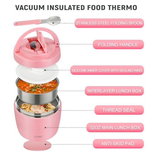 Image of wiwens Thermo Food Jar for Hot Food Adults 32OZ Soup Thermo Lunch Containers Wide Mouth Vacuum Insulated Stainless Steel Leakproof Bento Box with Spoon (Pink2)
