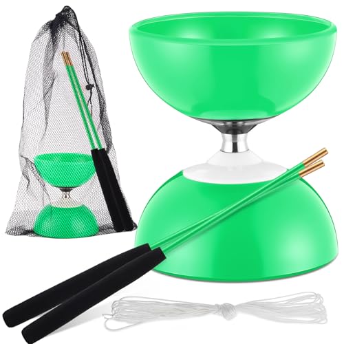 Vertintong Chinese Yoyo Diabolo Set 5'' Chinese Triple Bearing Diabolo Toy with 2 Sticks, 1 Mesh Drawstring Bag and String(Green)