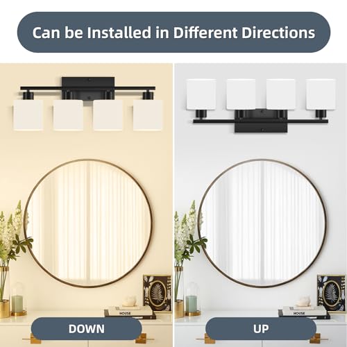 Image of CANMEIJIA 4-Light Bathroom Vanity Light Matte Black E26 Glass Wall Sconce | Modern Dimmable Milky White Shades with Waterproof Rust-resistant Finish for Mirror Restroom, Easy Installation