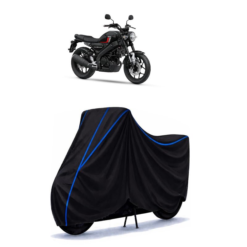 Image of XSR 125 STD Bike Cover Water Resistant Universal Motorcycle Rain | Heavy Duty UV Protection, Dust, Scratch Indoor Outdoor All Weather with Black Blue Piping Elastic