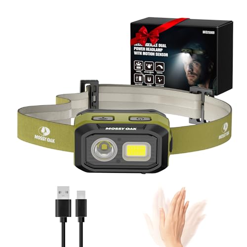 Mossy Oak 600 Lumens LED Headlamp, Dual Power Source, Motion Sensor Head Lamp with Magnetic Base, Stepless Dimming, Memory Mode for Camping, Running, Hiking Green