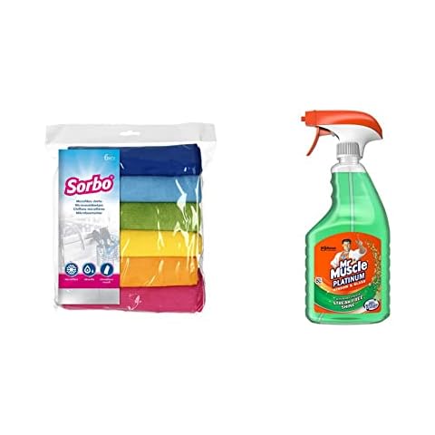 Sorbo 6 Pack Extra Large Microfibre Cleaning Cloths, & Mr Muscle Platinum Window & Glass Cleaner Spray 750 ml Cover