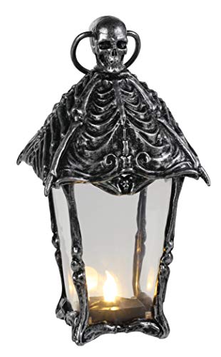 Crazy Bonez Gothic Lantern – 12' Halloween Skull Lantern Decoration with Battery-Operated LED Light, Black and Silver Bone Design, Spooky Indoor Outdoor Haunted House or Gothic Decor Accent