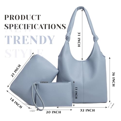 Vegan Leather Hobo Purses set, Slouchy Shoulder Bag Knotted Hobo Bags for Women with a small Purse and Clutch Handbag (Blue) by Jorebill - Image 4
