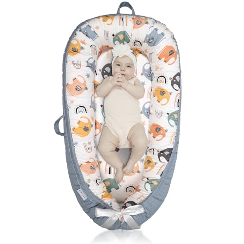 Image of JOCUTE Baby Lounger Large Size, Cotton Breathable Baby Lounger Pillow Cover Waterproof, Infant Lounger for Travel, Grey Protable Cosleeper, Ultra Newborn Gifts