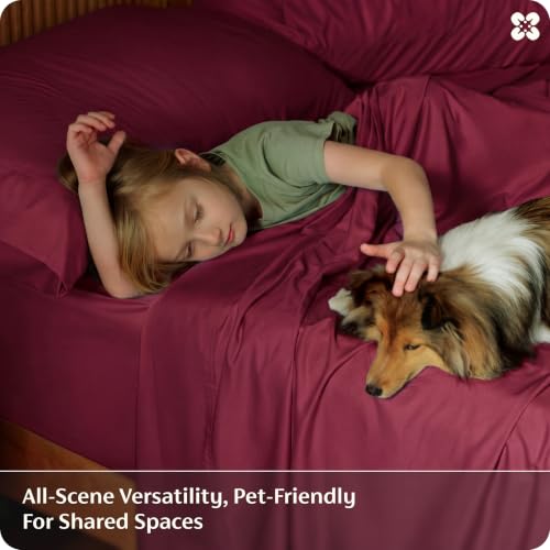 Image of Bedsure Cooling Sheets Twin, Rayon Derived from Bamboo, PureWoven, Breathable & Soft Twin Sheets Set, Deep Pocket Up to 16 Inches, Hotel Luxury Silky Bedding for Hot Sleepers, Burgundy