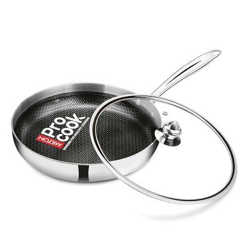 Image of Milton Pro Cook Induction Cookware & Gas Stove Friendly Triply Hexa Tech Stainless Steel Frying Pan with Glass Lid 24cm, 1.5L | Honeycomb Non-Stick Fry Pan | Metal Spoon Friendly | 3Y Warranty |Silver