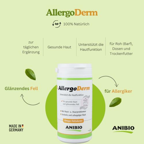 Anibio AllergoDerm 150g Haut- & Fellpflege Pulver für Hunde und Katzen – Ergänzungsfuttermittel bei Juckreiz, schuppiger Haut & Haarausfall – Getreidefrei, mit Leinsamen, Kräutern & Omega-Fettsäuren