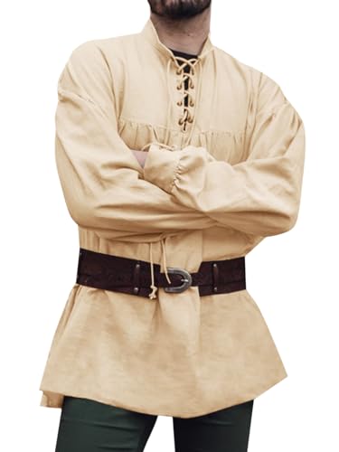 Runcati Chemise médiévale à Manches Longues pour Homme, Style Steampunk, Viking, Renaissance, Victorien, Halloween, Costume, Beige, XL
