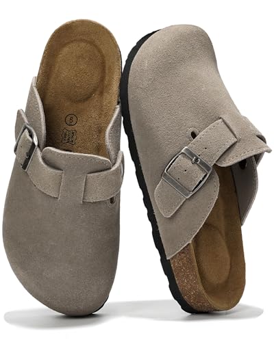 Project Cloud Genuine Leather Footbed Clogs for Women - Memory Foam Arch Support Slippers for Women - Trendy Slip-ons Women's Mules & Clogs Sandals (Benton, Grey Suede, 10)