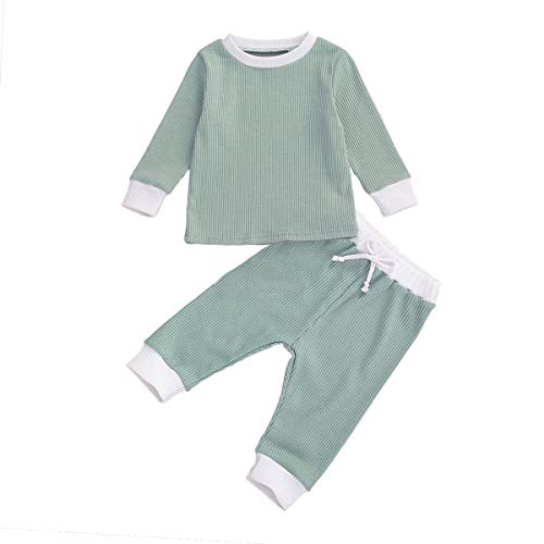 FOCUSNORM Baby Boys Girls 2 Pieces Pants Set Solid Cotton Shirt Tops & Pants Color Block Clothes Set Toddler Fall Outfits (Light Green, 6-12 Months)