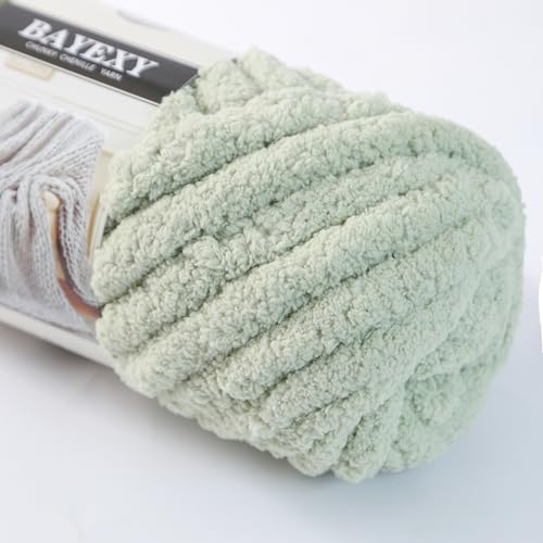 Image of Chunky Chenille Yarn for Hand Knitting 8 Jumbo Pack Jumbo Chunky Yarn for Hand Soft Blanket Knitting, Bulky Thick Fluffy Yarn for Crocheting (Sage Green+Milky White)