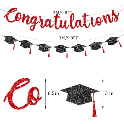 Image of Congratulations Banner Graduation Decorations Class of 2026 Red Glitter Congrats Grad with Tassel Party Decor College High School Favors Black