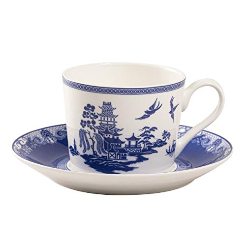 Grace Teaware Bone China Blue Willow Coffee/Tea Cup And Saucer 9-Ounce (Set of 4)