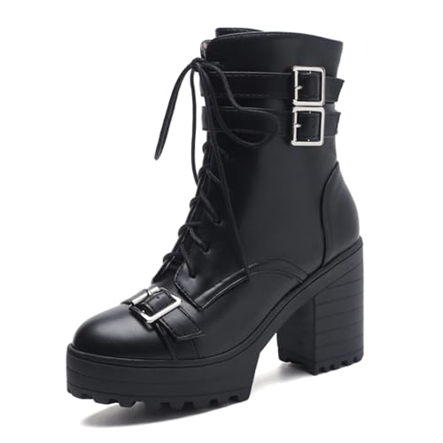 Image of FOREADA Goth Boots Chunky Heel Boot For Women Ankle Combat Booties Black Platform Bootie Buckle Rivets Punk Goth Shoes With Zipper
