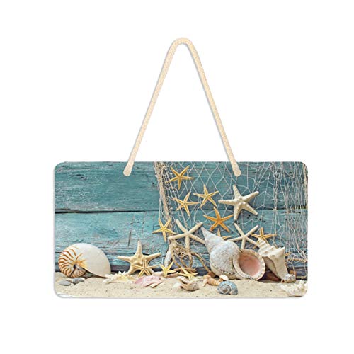 Wamika Welcome Summer Sea Star Beach Sand Wooden Door Hanging Sign Plaque Coastal Ocean Shell Tropical Palm Leaves Wall Signs Yard Indoor Outdoor Garden Decorations Banner with Hang Rope 11" x 6"