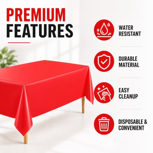 Image of WNINK 6 Pack Red Plastic Tablecloths, 54 x 108 Inch Disposable Covers | Ideal for Birthdays, Weddings, Christmas and Valentine's Day, Helping Protect Tabletops from Spills and Simplify Cleanup