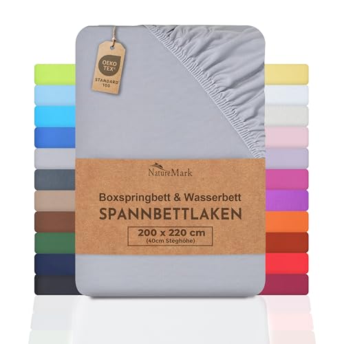 NatureMark Basic Boxspringbett & Wasserbett Spannbettlaken 200 x 220 cm - 40 cm Steghöhe - 200x220cm Spannbetttuch - 100% Baumwolle, Silber/Hellgrau
