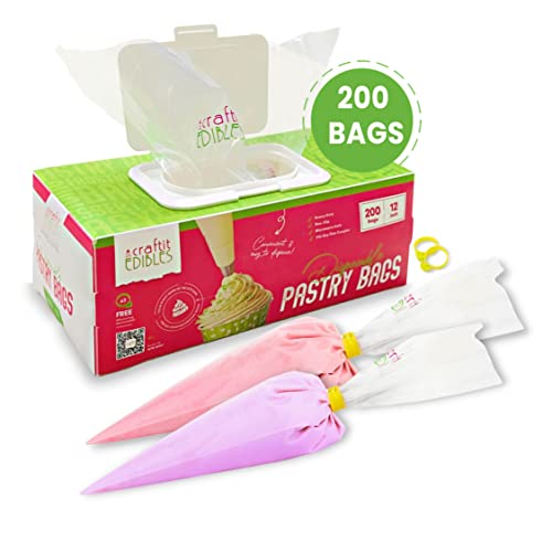 Icing Piping Bags 12 Inch Small Disposable Pastry Bags – 200 Heavy Duty Durable Small Piping Bags + 2 Ties –Bakers Choice Microwaveable Small Frosting Bags Set – Baking Supplies by Craftit Edibles