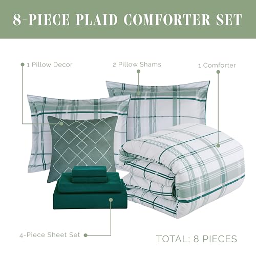 Image of Elegant Comfort 8-Piece Lodge Plaid Reversible Comforter Set - All Season Bed in a Bag, 4-Piece Sheet Set Featuring Smart Pockets, Matching Shams and Decorative Pillow, Twin /Twin XL, Sage