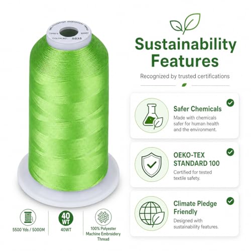 Image of Simthread 5500Yds 40WT Polyester Embroidery Thread Electric Green S035 | High-yardage 5000M spool offers smooth feeding and stable 40WT polyester thread for home and commercial embroidery machines.