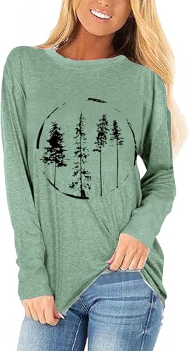 Women Skinny Pine Tree Shirt Spring Hiking Camping Athletic Tees Nature Casual Comfy Clothes Funny Graphic T-Shirt (Green M)