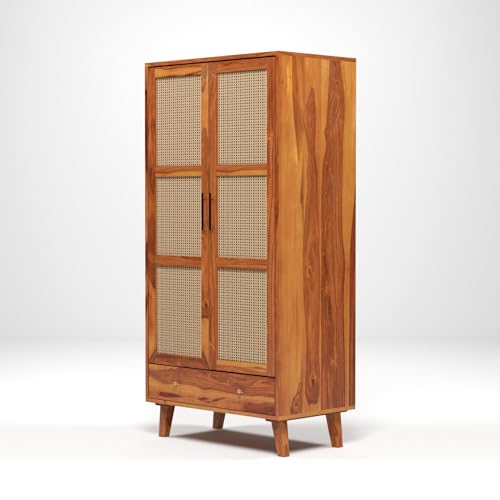 Image of PS DECOR Solid Sheesham Wood Wardrobe with Cane Rattan Doors | Modern Wooden Storage Almirah with Drawer | 2 Door Clothes Cabinet for Bedroom & Living Room (Honey Finish)