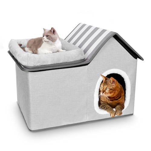 MASTERTOP Cat House for Indoor Cats, 2 in 1 Large Cat Cave with Removable Cushions, Multifunctional Cat Bed Hideaway for Indoor Small Medium Pets - Grey, 57 x 38.5 x 40cm