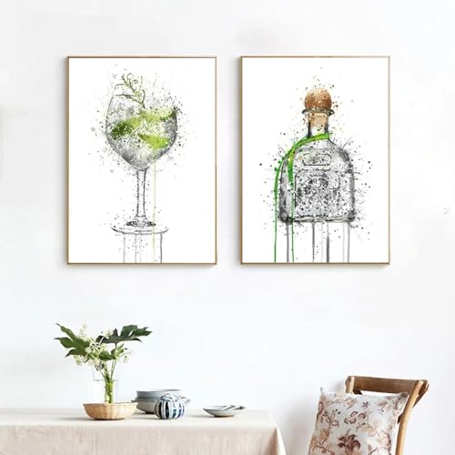 Impression sur toile verre à vin design haut de gamme peinture verte et argentée avec cadre