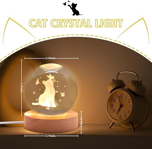 Image of 3D Cat Figurine Crystal Ball Lamp, Cats Light Lamp ​with Wooden Base, Gifts for Cats Lovers, Stuff for Cat Lovers, Birthday Christmas Mothers Day Temed Items for Women Lovers-